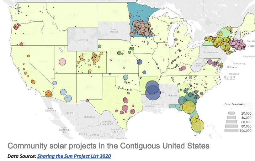 Map showing where community solar farms are located in the U.S.