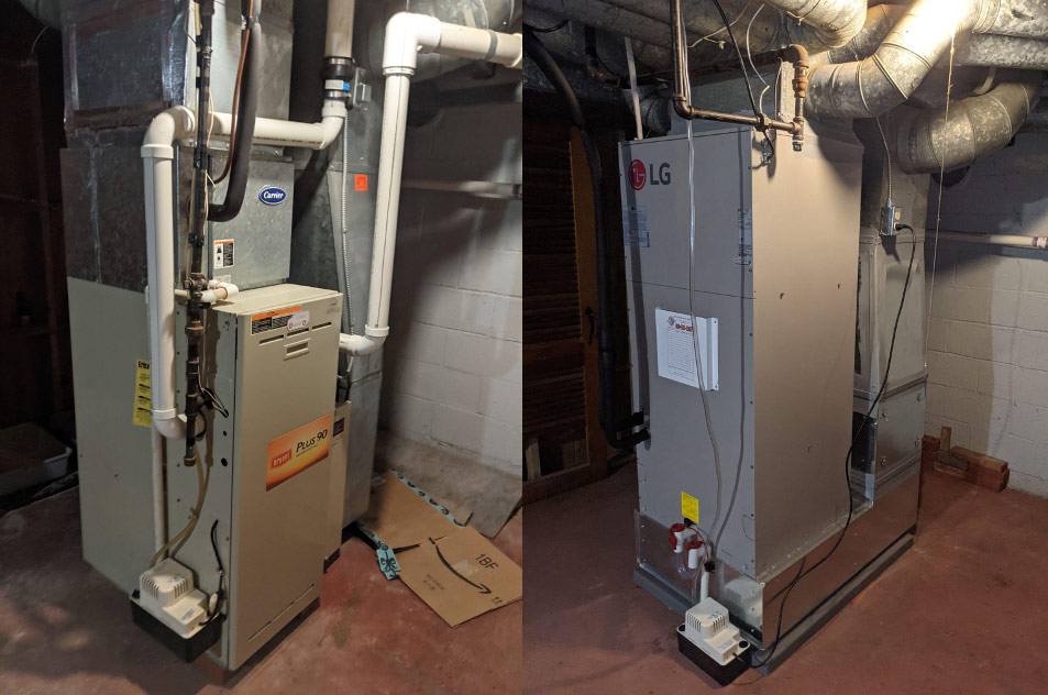 A natural-gas furnace (left) and a heat-pump air handler (right)