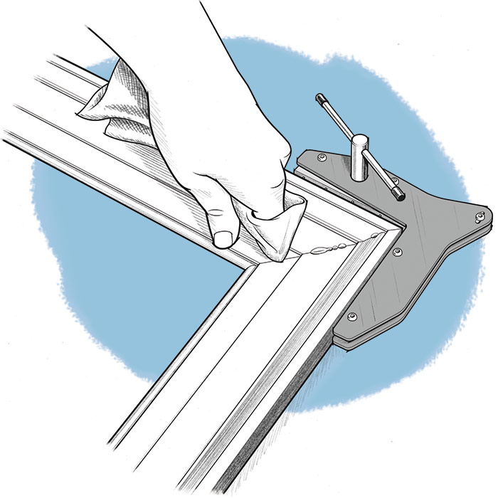 Use miter clamps to hold joints tight while glue sets up. 