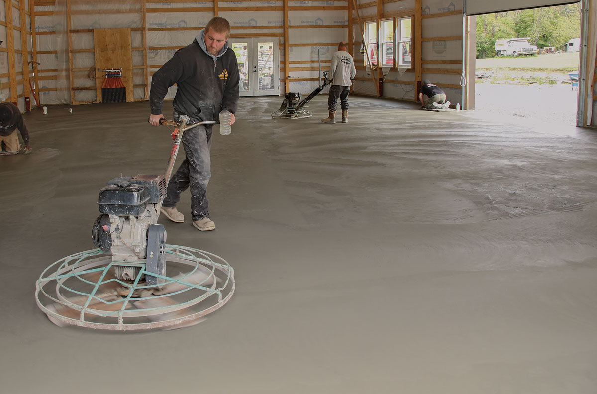 Troweling makes a slab smooth The narrower troweling blades exert greater pressure and burnish the finished concrete surface so it is easy to sweep and mop. The hard, smooth finish also makes it easy to move heavy objects and to roll around stools, floor jacks, and creepers.