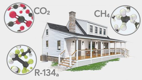 Illustration of a white farmhouse surrounded by molecules