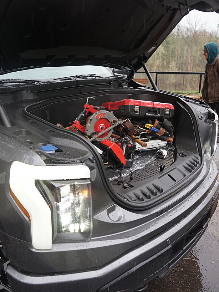 Larger upfront storage. The lack of a traditional engine allows for secure and dry storage well beyond the cab. The “Frunk” also sports four 120v outlets, perfect for charging batteries in inclement weather.
