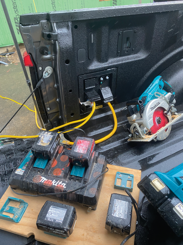 Onboard charging. Built-in 120v and 240v outlets enable charging of the crew’s key cordless tools—including multiple circular saws, a tablesaw, and a compressor—while only using 18 miles of range over a 10-hour period. 