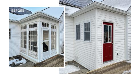 Before and after of a porch to mudroom conversion