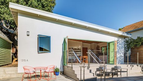 One-story midcentury ADU with a slanted roof