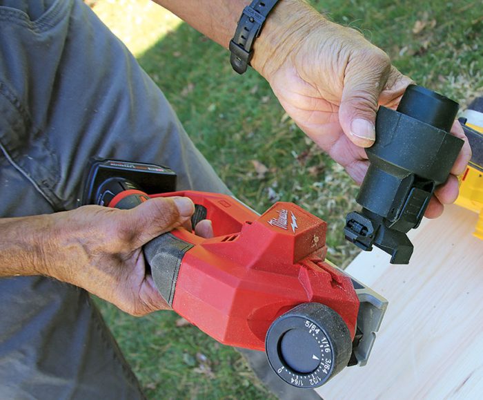 Closeup view of features of Milwaukee 12v planer