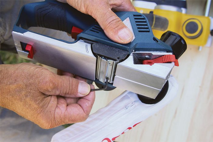 Closeup view of features of Bosch 12v planer