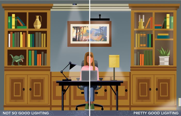 Illustration of home office with different lighting