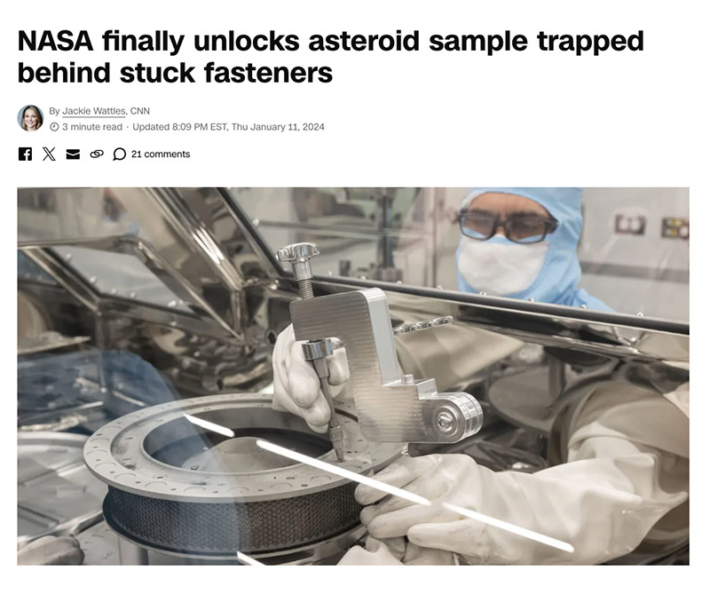 NASA finally unlocks asteroid sample trapped behind stuck fasteners
