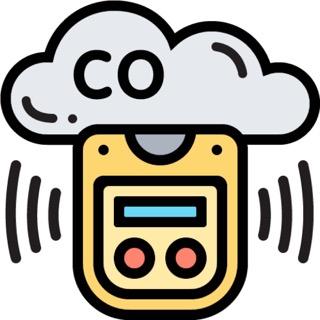 Cartoon icon of a grey cloud with the letters "CO" in the middle and a yellow detector with sound waves coming off either side. This is one of the indoor air pollutants and their sources. 