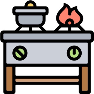 Cartoon icon of a grey stove top with a pot on the left and a flame on the rights. This is one of the indoor air pollutants and their sources. 