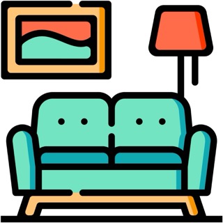 Cartoon drawing of teal couch in the middle, an orange lamp on the right, and a teal and orange drawing on the left. This is one of the indoor air pollutants and their sources. 