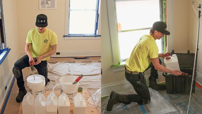 Photo of a man in a neon yellow shirt mixing and loading sealant.